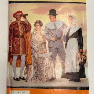 Puede incluir: Un patrón de costura Butterick vintage con ilustraciones de trajes históricos. La portada muestra cuatro figuras con vestimenta de época, incluyendo un hombre con un atuendo rojo y dorado y una mujer con un vestido estampado. El número de patrón es 6375.
