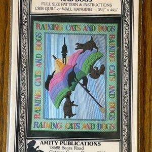 Raining Cats and Dogs Crib Quilt Wall Hanging Amity Pub Applique Pieced Vintage Pattern 1986