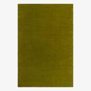 May include: A rectangular area rug in a solid, deep olive green color. The rug features a dense, uniform pile texture that covers the entire surface from edge to edge, creating a consistent and smooth appearance across the rectangular shape.