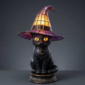 May include: A table lamp shaped like a black cat wearing a stained glass witch hat. The hat features purple and amber glass panels with a gold buckle. The cat has glowing yellow eyes and wears a collar with a crescent moon charm on a round base.