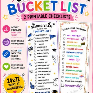 May include: A digital graphic featuring two printable senior year bucket list checklists for the class of 2027. The design includes colorful text, checkboxes, and icons like graduation caps, megaphones, and hearts on a light pink background.