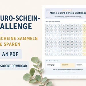May include: A printable savings tracker titled 5-Euro-Schein-Challenge featuring a grid of 100 small boxes labeled 5 Euro for coloring in. The document includes sections for tracking progress, total notes collected, and the final savings goal of 500 Euro.