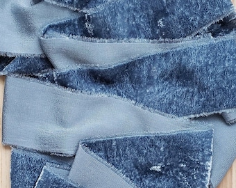 Slate Blue Velvet Silk Ribbon; Bridal Bouquet, invitations; hand dyed; hand ripped; photography styling; Wedding Ribbon, Blue Silk