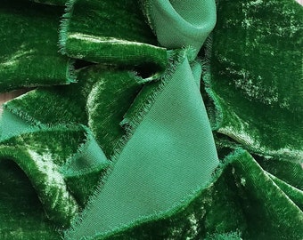 NEW COLOR - Forest Green Silk Velvet Ribbon; Bridal Bouquet, invitations; hand ripped; wedding photography styling; bright green