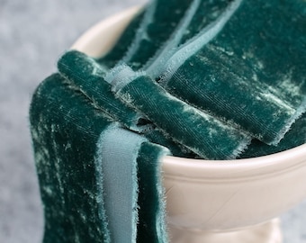 Evergreen Silk Velvet Ribbon; Bridal Bouquet, invitations; hand dyed; hand ripped; wedding photography styling; Wedding Ribbon; dark green