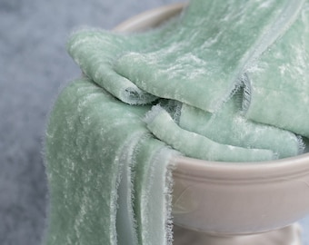 Winter Sage Silk Velvet Ribbon; Bridal Bouquet, invitations; hand dyed; hand ripped; wedding photography styling; cool sage green