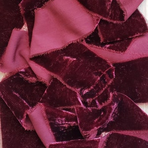 Burgundy Wine Silk Velvet Ribbon; Bridal Bouquet, invitations, favors; hand dyed; hand ripped; wedding photography styling; maroon; merlot