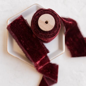 Rosewood Silk Velvet Ribbon; Bridal Bouquet, invitations; hand dyed; hand ripped wedding photography; crimson burgundy; deep rich red