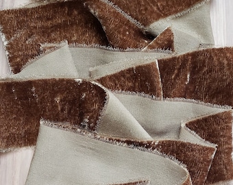 Dark Bronze Mocha Latte Silk Velvet Ribbon; Bridal Bouquet, invitations; hand dyed; hand ripped; photography styling; Wedding, warm brown