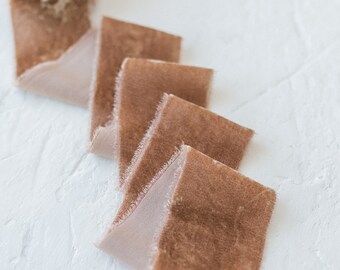 Salted Caramel Velvet Ribbon; 100% Silk; Bridal Bouquet, invitations; hand dyed; hand ripped; photography styling; Wedding Ribbon, fall