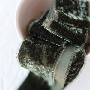 Olive Green Silk Velvet Ribbon; Bridal Bouquet, invitations, Wedding; hand dyed; hand ripped; wedding photography styling; moss