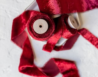 Ruby Red Silk Velvet Ribbon; Bridal Bouquet, invitations, Wedding; hand dyed; hand ripped wedding photography styling christmas red crimson