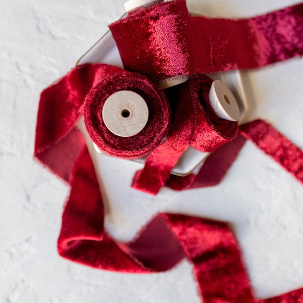 Ruby Red Silk Velvet Ribbon; Bridal Bouquet, invitations, Wedding; hand dyed; hand ripped wedding photography styling christmas red crimson