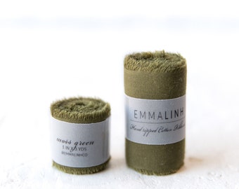 Moss Green Cotton Ribbon; 100% Vegan Cruelty Free; Bridal Bouquet, invitations; hand dyed; hand ripped; wedding photography, army olive