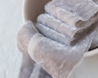 Silver Grey Silk Velvet Ribbon; Bridal Bouquet, invitations, favors; hand dyed; hand ripped; wedding photography styling; Wedding