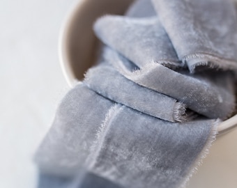 Silver Mist Silk Velvet Ribbon; Bridal Bouquet, invitations, Wedding; hand dyed; hand ripped; wedding photography styling; cool grey