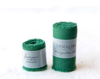 Forest Green Cotton Ribbon; 100% Vegan Cruelty Free; Bridal Bouquet, invitations, favors; hand dyed; hand ripped; wedding photography
