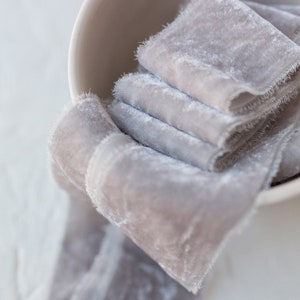 Silver Grey Silk Velvet Ribbon; Bridal Bouquet, invitations, favors; hand dyed; hand ripped; wedding photography styling; Wedding