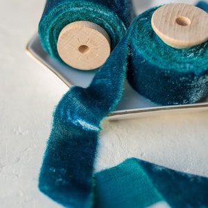 Caribbean Blue Velvet Ribbon; Silk Bridal Bouquet, invitations, favors; hand dyed; hand ripped; wedding photography styling; Turquoise ocean