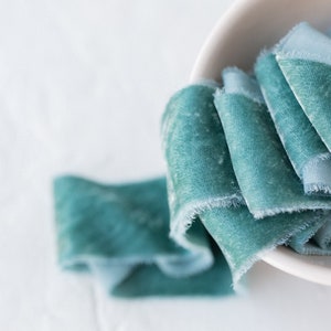 Vintage Teal Silk Velvet Ribbon; Bridal Bouquet, invitations, Wedding; hand dyed; hand ripped; wedding photography styling; Seaglass