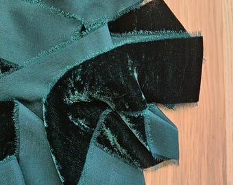 Hunter Green Silk Velvet Ribbon; Bridal Bouquet, invitations, Wedding; hand dyed; hand ripped wedding photography styling EMERALD GREEN