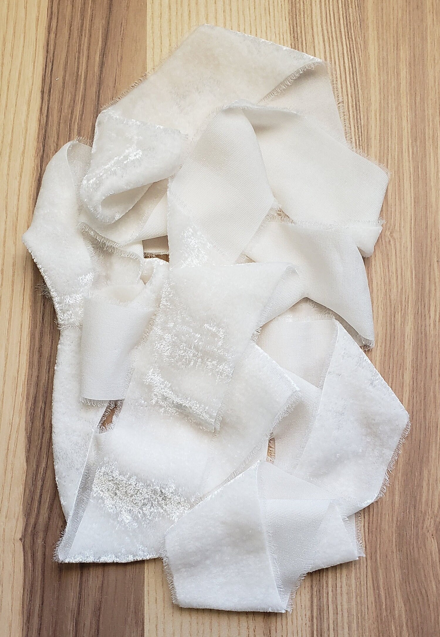 Ivory Silk Velvet Ribbon; Bridal Bouquet, invitations, favors; hand dyed; hand ripped; wedding photography styling; off white, cream