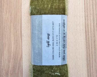 NEW COLOR - Light Moss Silk Velvet Ribbon; Bridal Bouquet, invitations; hand dyed; hand ripped; wedding photography styling; Aloe ; green