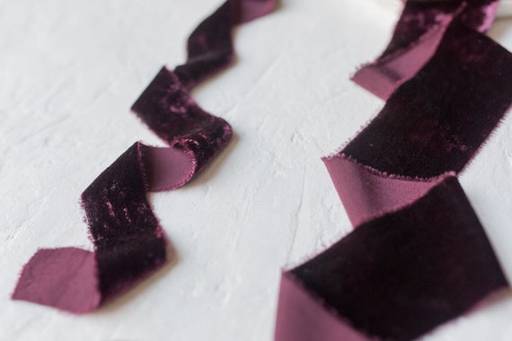favors; hand dyed; hand ripped; wedding photography styling Eggplant Aubergine Silk Velvet Ribbon; Bridal Bouquet invitations