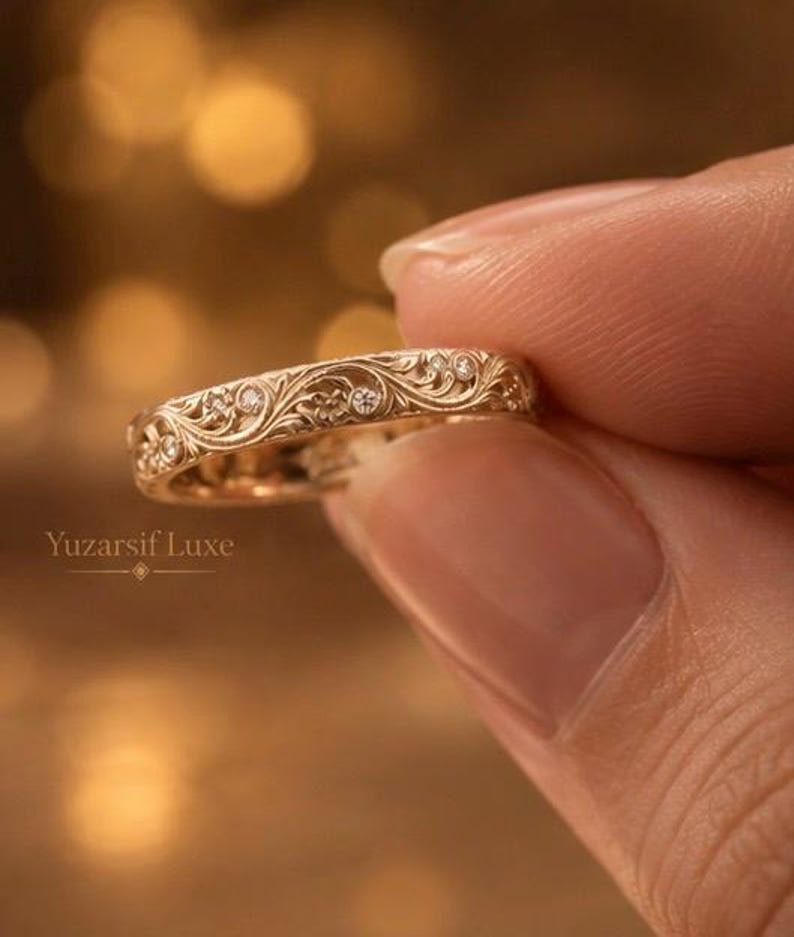 Filagree Ring Pattern Handmade Floral Filigree Band Ring, Vintage Gold Wedding Jewelry ...