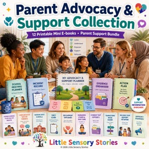 May include: A Parent Advocacy & Support Collection featuring 12 printable mini e-books and planners. The set includes spiral-bound guides with titles like School Meeting Planner, Incident Record, Evidence Organiser, and Action Plan, plus various informational booklets.