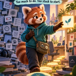 Può includere: Una copertina di libro intitolata Start Small: Too much to do. Too stuck to start. di Victoria Titilayo Ojedokun. Raffigura un panda rosso con una felpa verde acqua e una borsa verde, che tocca un quadrato luminoso con un'icona di germoglio.