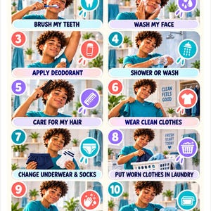 Könnte beinhalten: Ein zehnstufiger visueller Leitfaden mit dem Titel MY TEEN HYGIENE ROUTINE von Little Sensory Stories. Er zeigt eine Person in einem blaugrünen T-Shirt bei Aufgaben wie Zähneputzen, Gesicht waschen, Deo auftragen, Duschen, Haarpflege, Anziehen, Wäsche waschen, Händewaschen und Kit-Check.