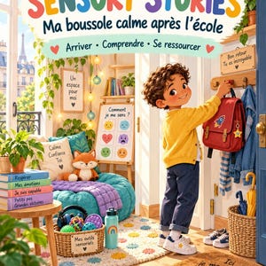 May include: A book titled Little Sensory Stories Ma boussole calme après l'école featuring a child in a yellow sweater hanging a red backpack. The cover displays various French text, a fox plush, sensory tools, and a cozy room illustration.