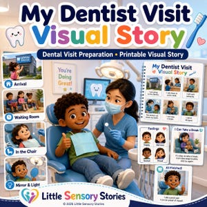 May include: A printable visual story guide titled My Dentist Visit Visual Story, featuring illustrations of a child at a dental office, a waiting room, and a dental chair. The guide includes sections on feelings, taking breaks, and steps for a successful visit.