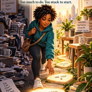 May include: A book cover titled START SMALL with the subtitle Too much to do. Too stuck to start. It features a person in a teal hoodie stepping on glowing stones labeled FIRST STEP, ONE STEP, and THEN NEXT, surrounded by plants and notes.