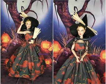 Halloween witch dress for 1:6 scale dolls, fashion doll