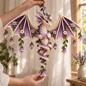 May include: A crocheted dragon ornament in shades of purple, cream, and green. The dragon features large wings, a long coiled tail, and small flower embellishments. It holds a small heart in its front claws and has dangling bell-shaped flowers.