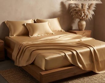 Set di biancheria da letto in seta color oro deserto 30 momme, lenzuolo con angoli in seta di gelso 100% e 2 federe, set da letto rinfrescante in stile boho color ambra calda.