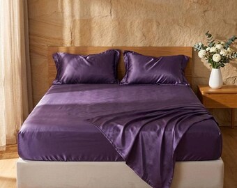 Parure de lit élégante violette 30 mommes 100% soie de mûrier, drap-housse et 2 taies d'oreiller, literie de luxe rafraîchissante (3 pièces)