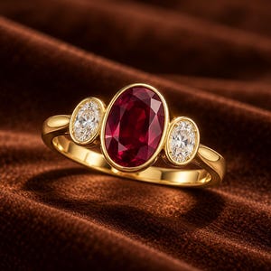 May include: A gold ring featuring a large, oval-cut deep red ruby set in the centre, flanked by two smaller, oval-cut clear white diamonds on either side. The stones are held in smooth, polished gold bezel settings on a solid gold band.