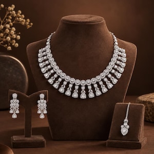 Bridal Necklace Set, 14K White Gold Plated Statement Choker, Teardrop Wedding Jewelry Set, Indian Bridal Necklace, Prom Jewelry Set
