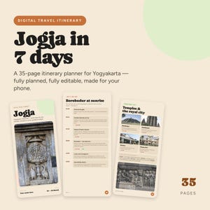 May include: A 35-page digital travel itinerary planner for Yogyakarta titled Jogja in 7 days. The document features a cream background with brown text, displaying three mobile screen layouts showing daily schedules, temple photos, and travel tips.