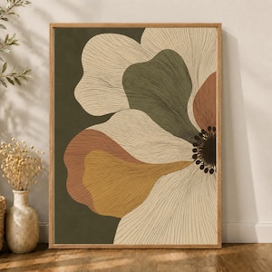 May include: A rectangular framed wall art print featuring a large stylized flower with overlapping petals in shades of olive green, terracotta, mustard yellow, and cream, accented by fine black line work and a dark brown central stamen.
