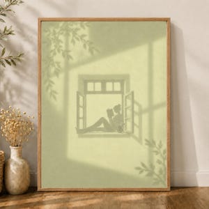 Modern Organic Wall Art Sage Window Reading Silhouette Botanical Shadows Minimalist Bedroom Canvas Print Decor