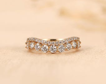 14K Gold Curved Diamond Band Ring, Multi-Row Stackable Wedding Band