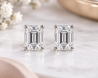 4 CT Lab Grown Emerald Diamond Stud Earrings, 14K Gold, 4 Prong Push Back