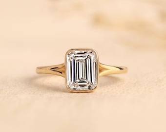 Emerald Cut Lab Grown Diamond Ring, 14K Gold Bezel Solitaire, IGI Certified