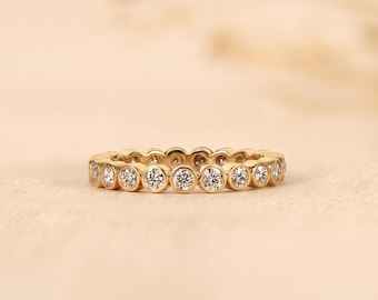 Classic Gold Bezel-Set Round Lab-Grown Diamond Eternity Band, Modern Stacking Ring