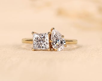 Two-Stone Lab Grown Diamond Ring, Princess & Pear Cut, Gold Engagement Ring