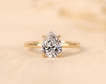 1.5CT Pear Shape Lab Grown Diamond Solitaire Ring, Gold Engagement Anniversary Ring